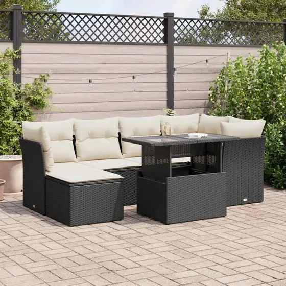 vidaXL 7-deligt havesofasæt med hynder i polyrattan, sort
