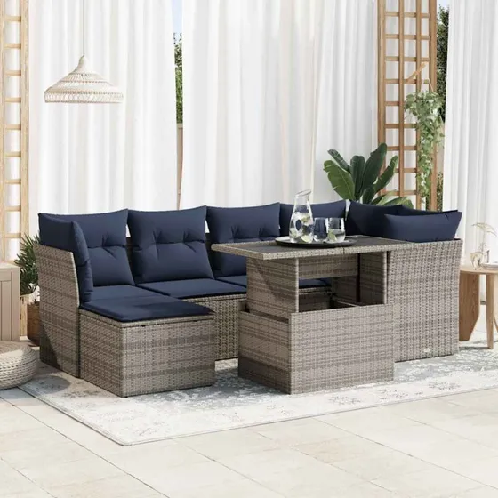 vidaXL 7-deles havesofa med hynder i polyrattan og akacietræ, grå
