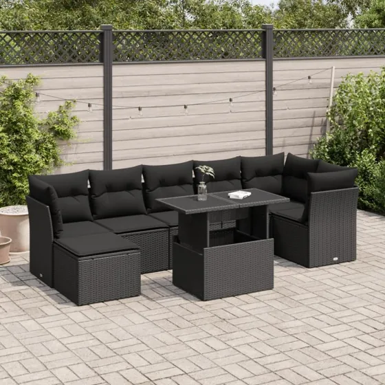 vidaXL 8-delssofasæt med hynder, polyrattan, sort