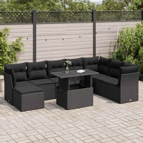 vidaXL 9-deles havesofasæt med hynder i polyrattan, sort