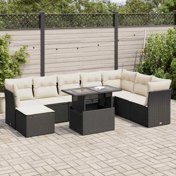 vidaXL 9-deles havesofasæt med hynder i polyrattan, sort