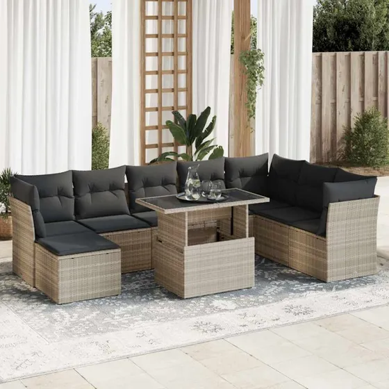 vidaXL 9-deles havesofasæt med hynder i lysegrå polyrattan
