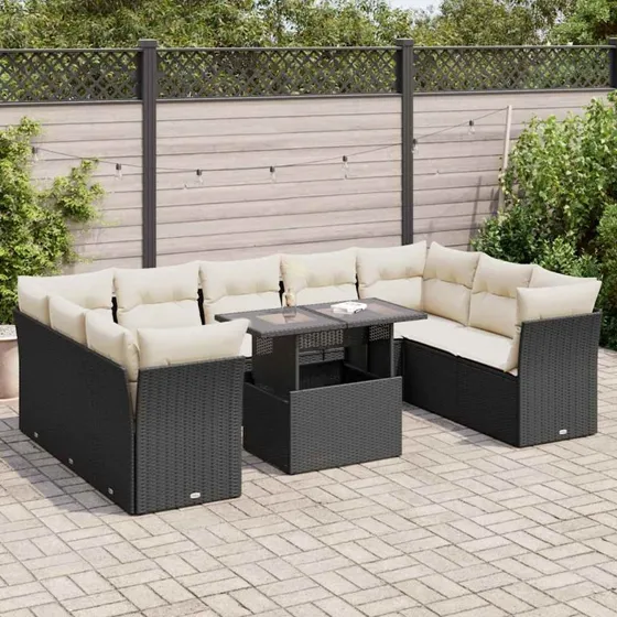 vidaXL 10-delssofasæt med hynder polyrattan sort
