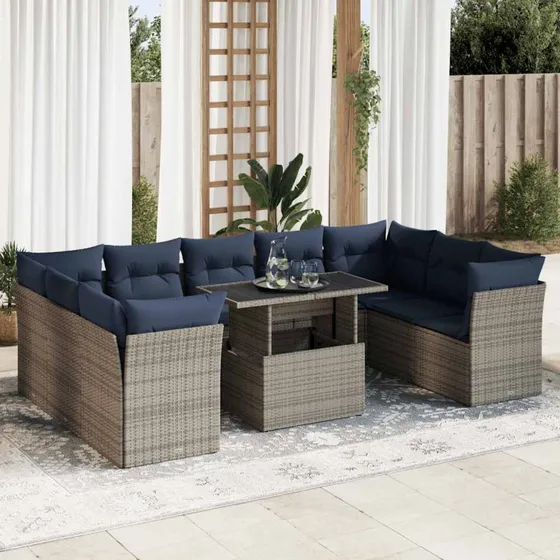 vidaXL 10-delsofasæt med hynder, polyrattan akacietræ, grå