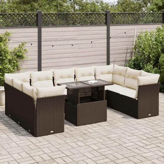 vidaXL 10-delssofasæt med hynder polyrattan brun