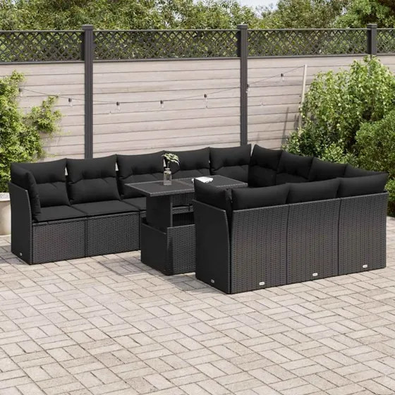 vidaXL 11-delssofasæt med hynder, polyrattan, sort
