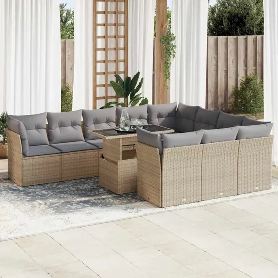 vidaXL 11-delssofasæt med hynder, polyrattan beige