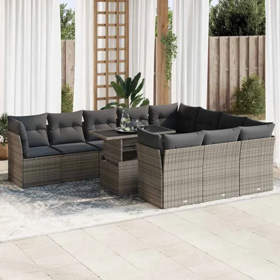 vidaXL 11-delssæt med polyrattan, grå, med hynder