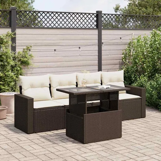 vidaXL 5-delssofasæt med hynder polyrattan brun