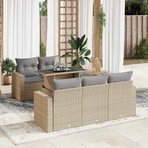 vidaXL 6-deligt polyrattan sofasæt med hynder, beige