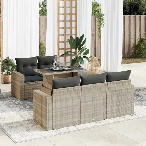 vidaXL 6-deligt polyrattan sofasæt med hynder lysegrå