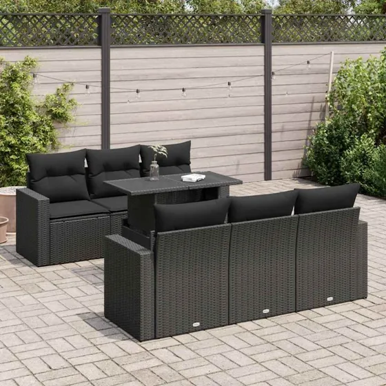 vidaXL 7-delssofasæt med hynder, polyrattan sort