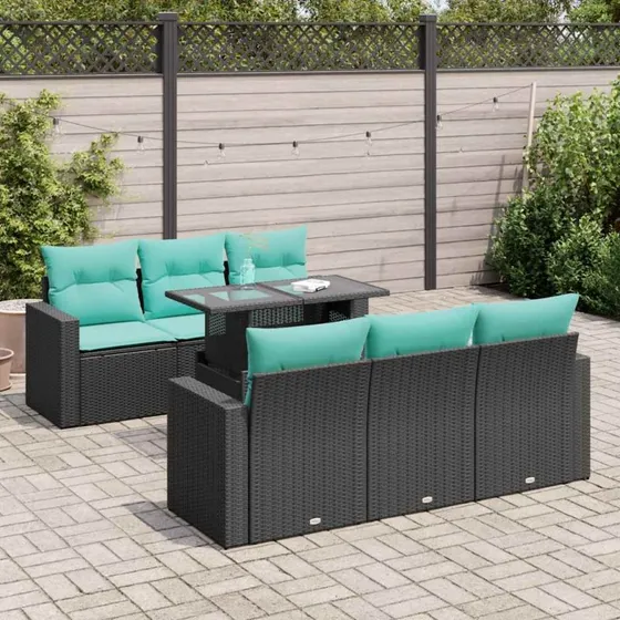vidaXL 7-delssofasæt med hynder, polyrattan, sort