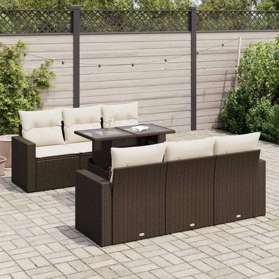 vidaXL 7-delssofasæt med hynder, polyrattan brun