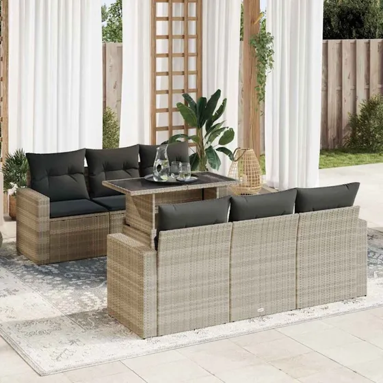 vidaXL 7-delssofasæt med hynder, polyrattan lysegrå