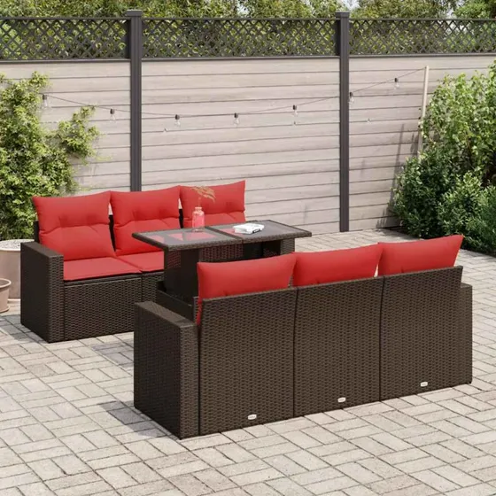 vidaXL 7-delssofasæt med hynder, polyrattan akacietræ brun