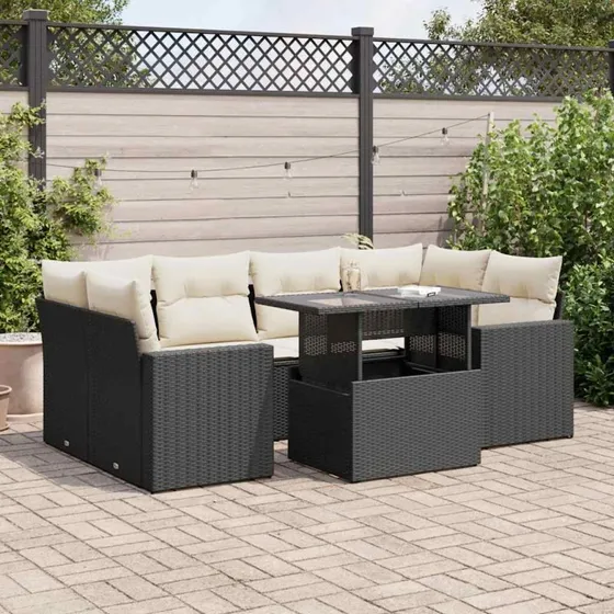 vidaXL 7-delssofasæt med hynder, polyrattan, sort