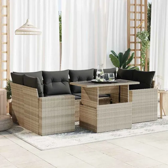 vidaXL 7-delssofasæt med hynder, lysegrå, polyrattan