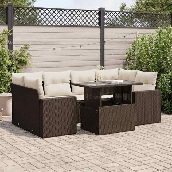 vidaXL 7-delssofasæt med hynder, polyrattan brun