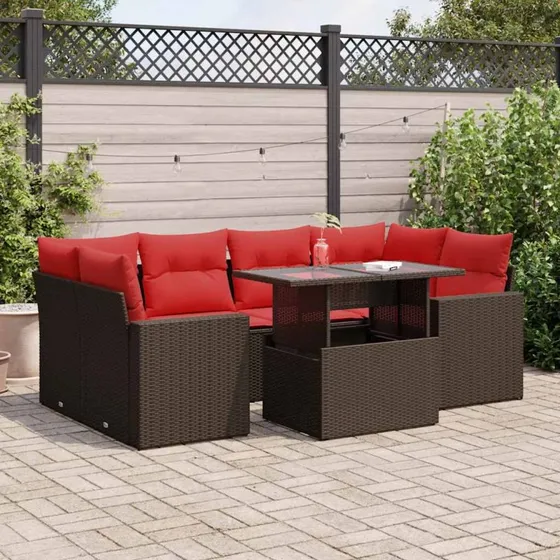 vidaXL 7-delssofasæt med hynder, polyrattan akacietræ brun