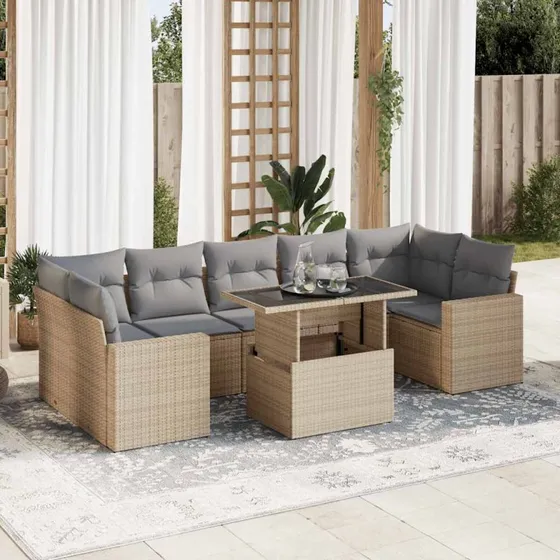 vidaXL 8-delssofasæt med hynder i polyrattan beige