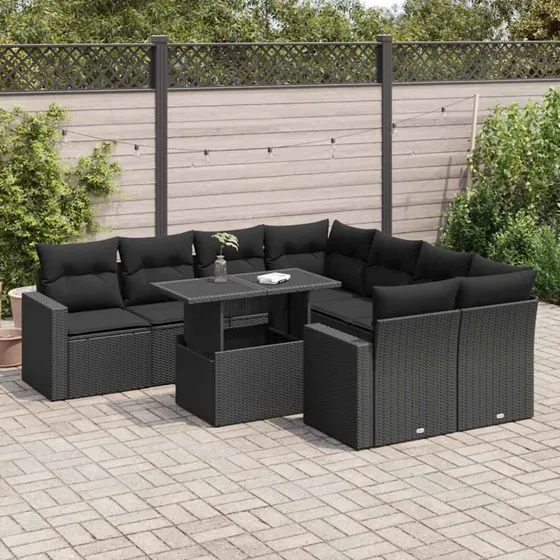 vidaXL 9-delssofasæt med hynder, polyrattan, sort