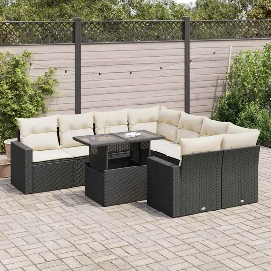 vidaXL 9-deligt sofasæt med hynder, polyrattan, sort