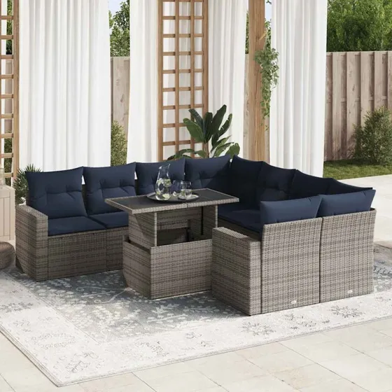 vidaXL 9-deles havesofasæt med hynder i polyrattan og akacietræ, grå