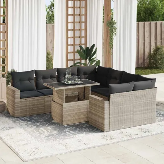 vidaXL 9-delers havemøbelsæt med hynder, lysegrå, polyrattan