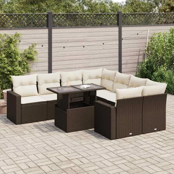 vidaXL 9-delssofasæt med hynder, polyrattan brun