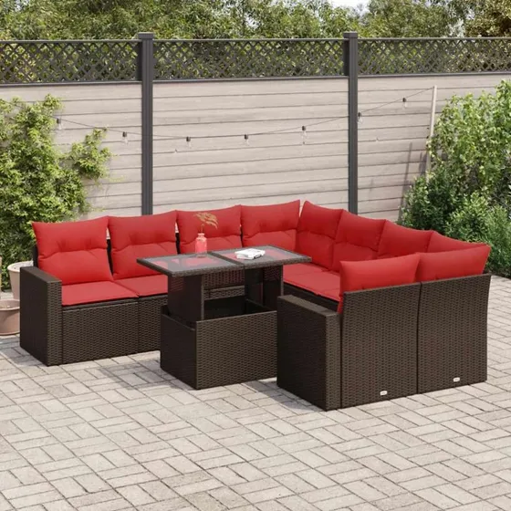 vidaXL 9-deles havesofasæt med hynder i polyrattan og akacietræ, brun