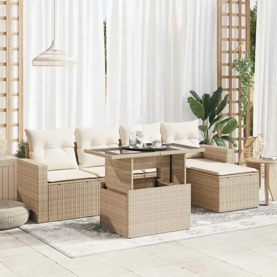 vidaXL 6-deligt polyrattan sofasæt med hynder, beige