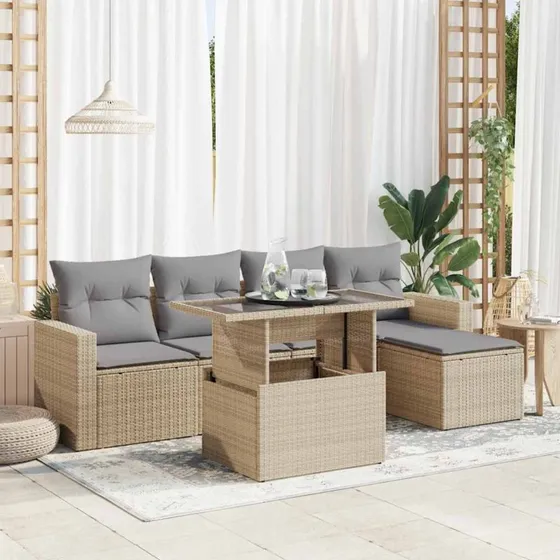 vidaXL 6-deligt polyrattan sofasæt med hynder, beige
