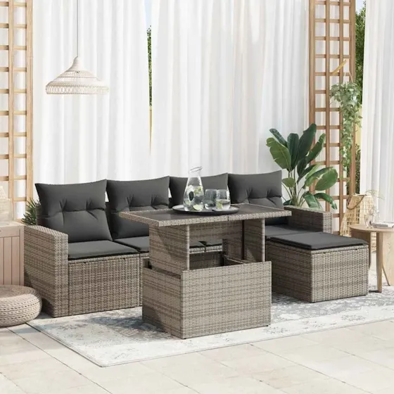 vidaXL 6-delssofasæt med hynder, polyrattan grå
