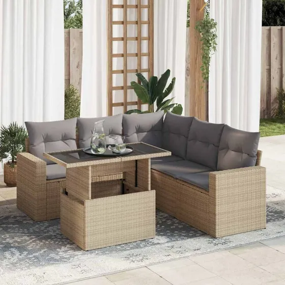 vidaXL 6-delssofasæt med hynder, polyrattan beige