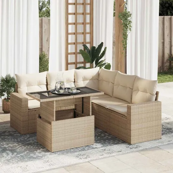vidaXL 6-delssofasæt med hynder, polyrattan beige