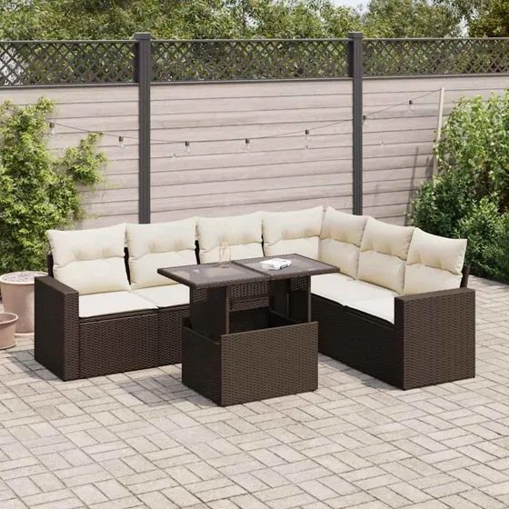 vidaXL 7-delssofasæt med hynder polyrattan brun