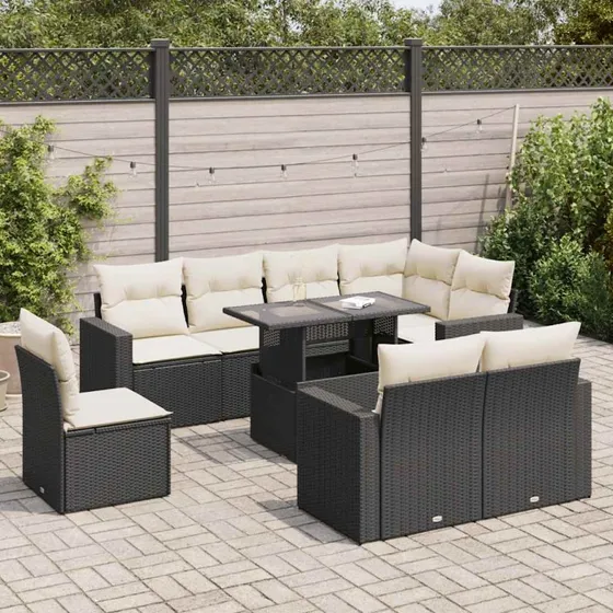 vidaXL 9-delssofasæt med hynder, polyrattan, sort