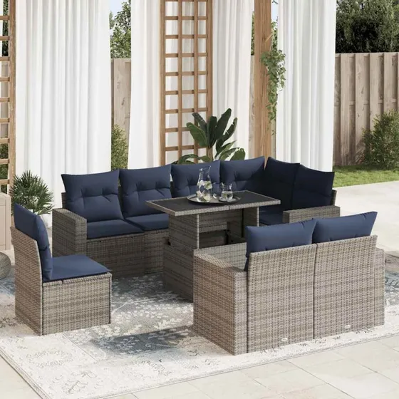 vidaXL 9-deles havesofasæt med hynder i polyrattan og akacietræ, grå