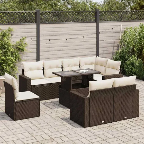 vidaXL 9-delssofasæt med hynder i polyrattan brun