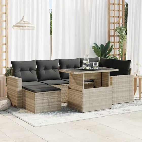 vidaXL 7-deles polyrattan sofasæt med hynder lysegrå