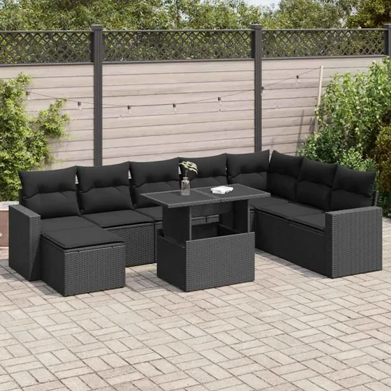 vidaXL 9-delssofasæt med hynder, polyrattan, sort