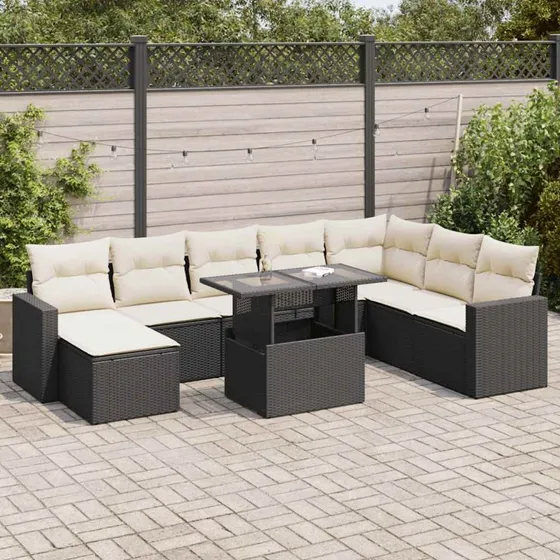 vidaXL 9-delssofasæt med hynder, polyrattan, sort