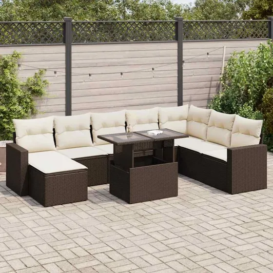 vidaXL 9-delssofasæt med hynder, polyrattan brun