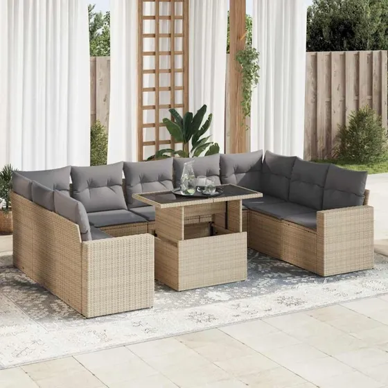 vidaXL 10-delssofasæt med hynder i polyrattan beige
