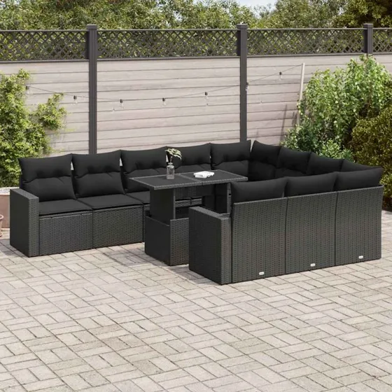 vidaXL 11-delssofasæt med hynder i polyrattan, sort
