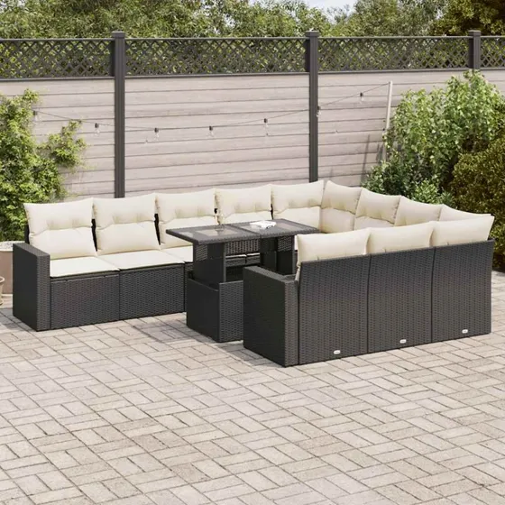 vidaXL 11-delssofasæt med hynder i polyrattan, sort