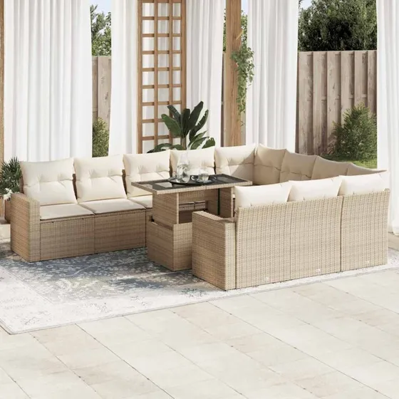 vidaXL 11-delssofasæt med hynder, polyrattan beige