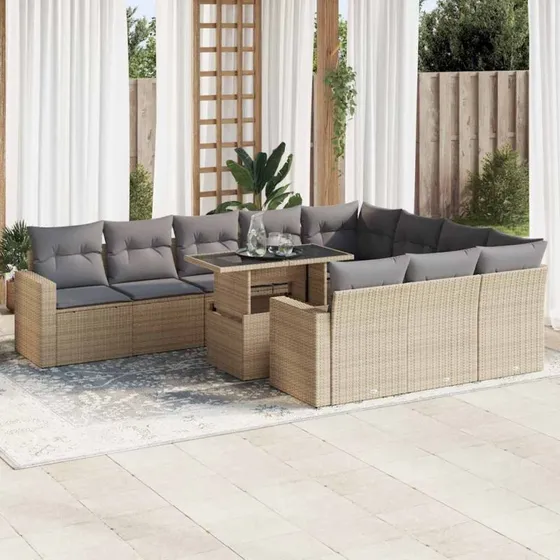 vidaXL 11-delssofasæt med hynder i polyrattan beige