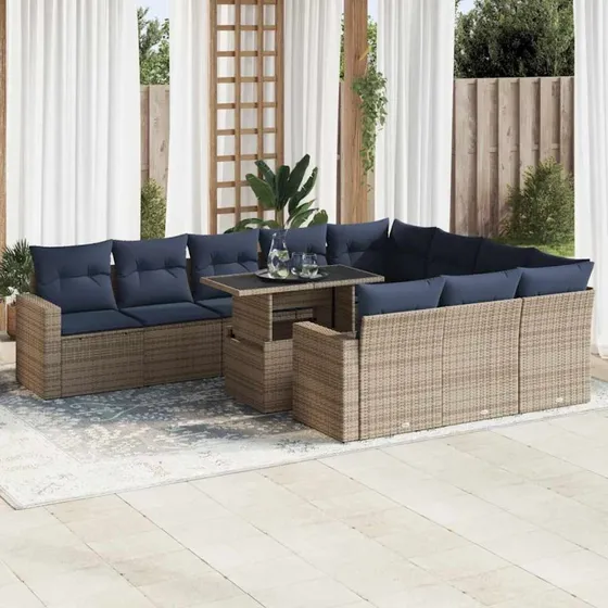 vidaXL 11-delssofasæt med hynder i polyrattan og akacietræ, grå